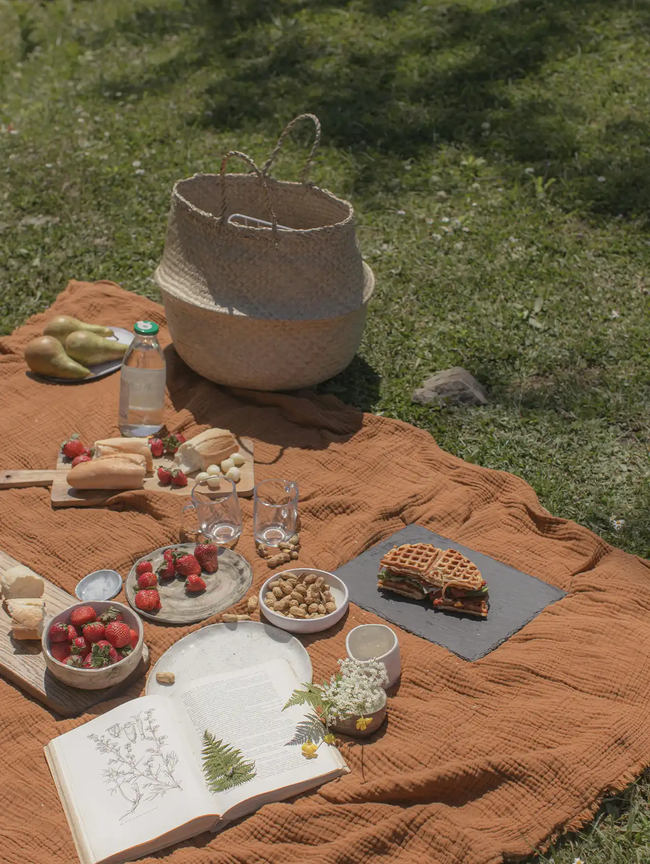 Picnic romántico en el césped con manta color tierra, cesta, fresas, sándwiches, libro abierto y decoración natural