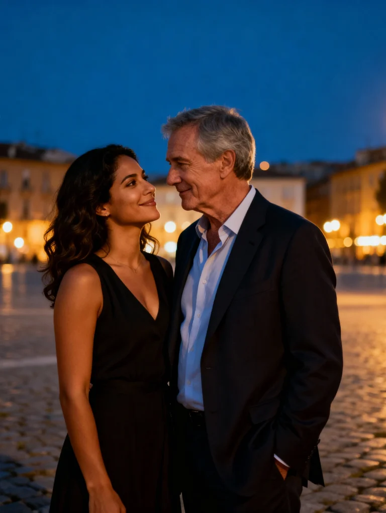 Hombre mayor y mujer joven sonriendo juntos – claves para conectar con una mujer joven de manera natural
