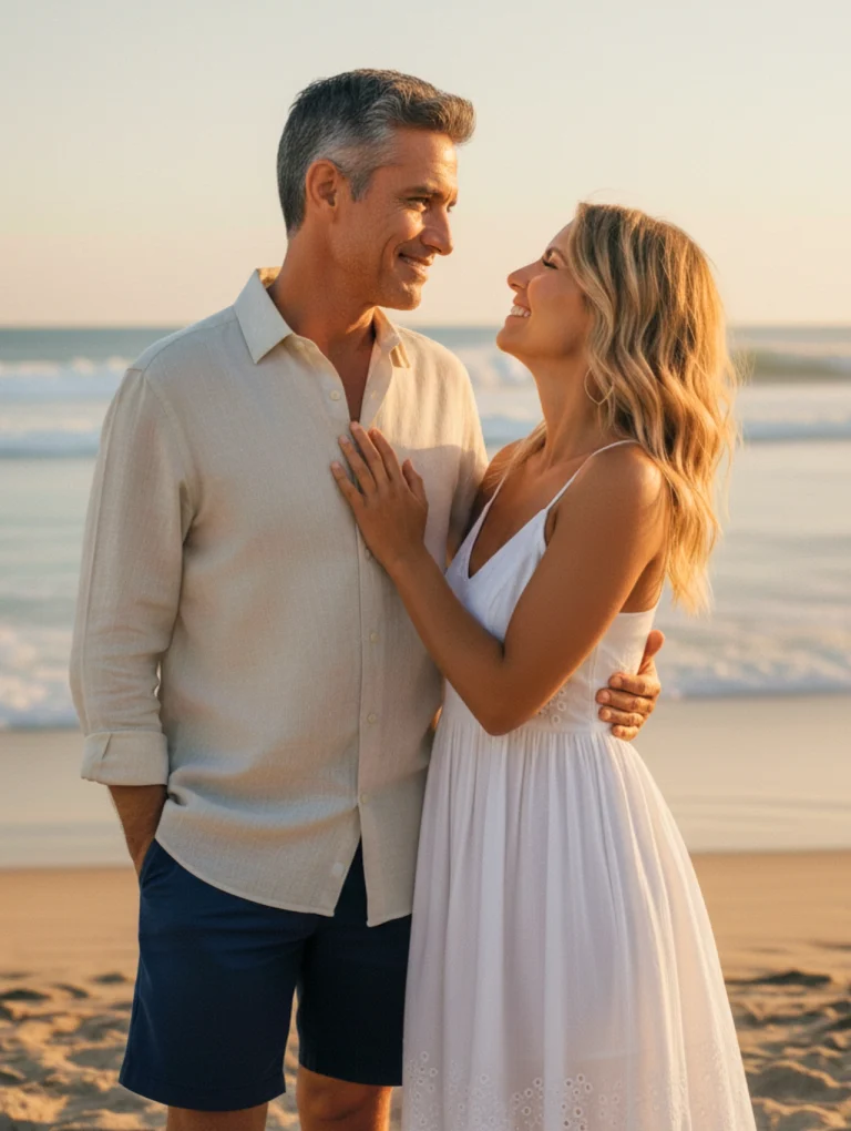 Pareja feliz en la playa al atardecer, ilustrando el tema del artículo Cómo enamorar a una mujer siendo mayor.