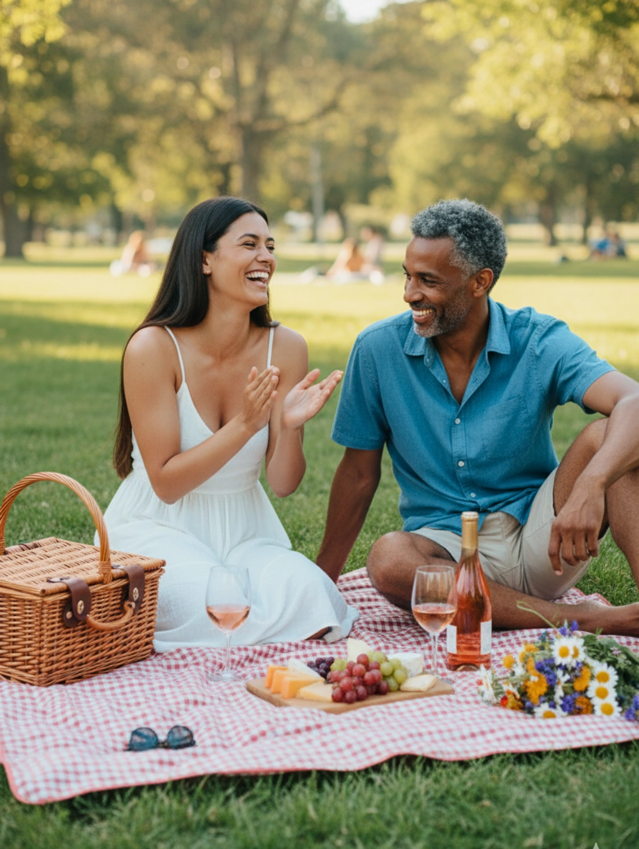 Pareja madura disfrutando de un picnic con risas y complicidad – mujeres divorciadas en busca de pareja.