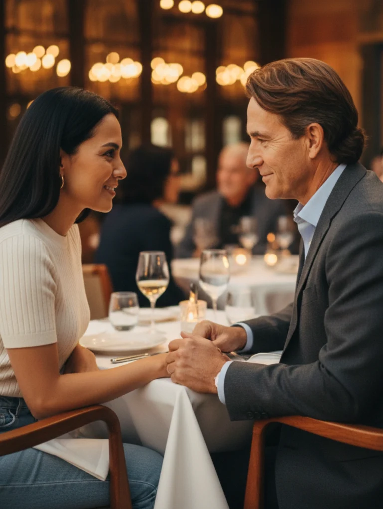 Pareja madura sonriendo bajo el sol, ilustrando el tema de mujeres divorciadas en busca de pareja y cómo valoran la estabilidad en hombres mayores de 50.