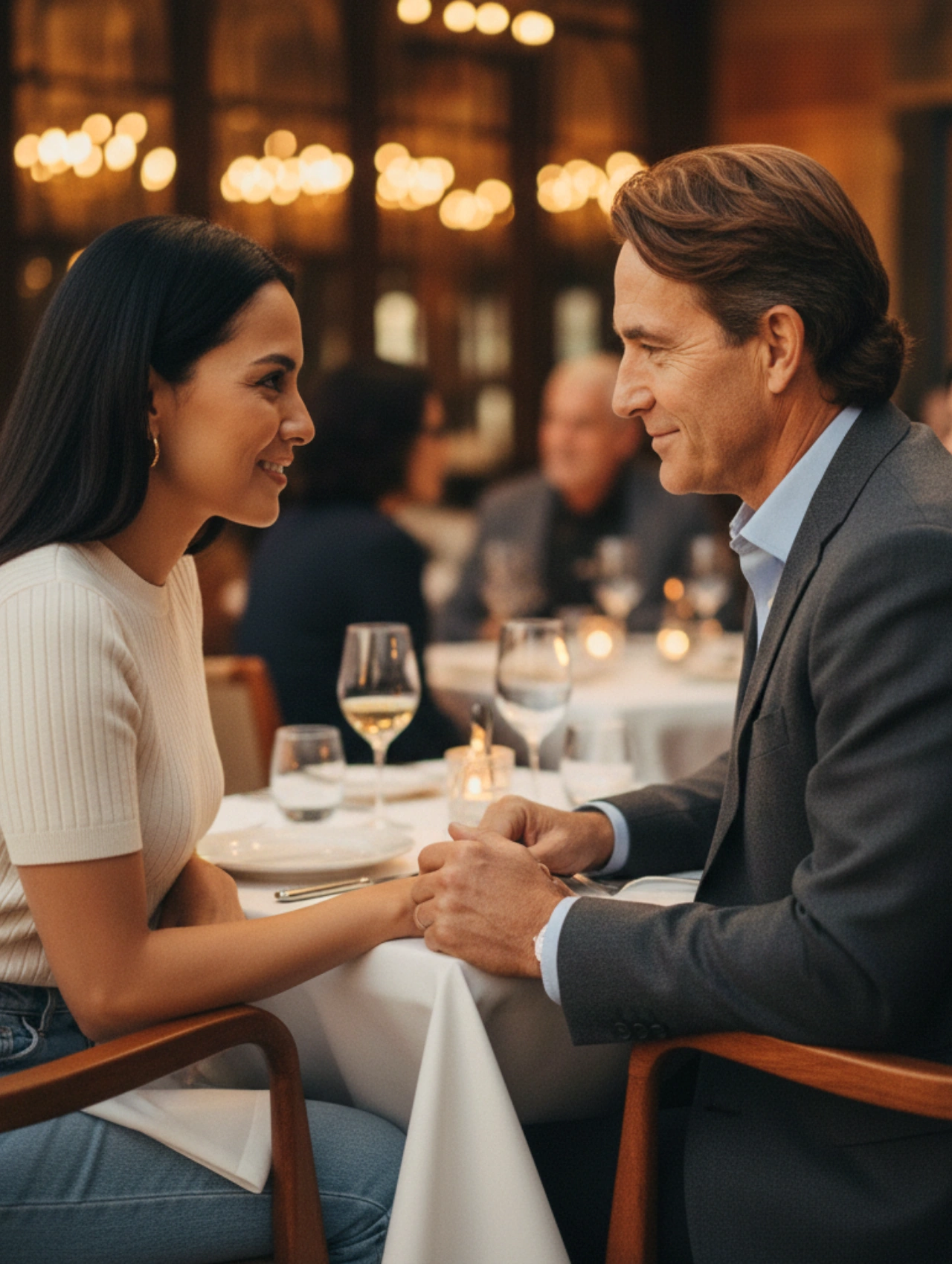 Pareja madura sonriendo bajo el sol, ilustrando el tema de mujeres divorciadas en busca de pareja y cómo valoran la estabilidad en hombres mayores de 50.