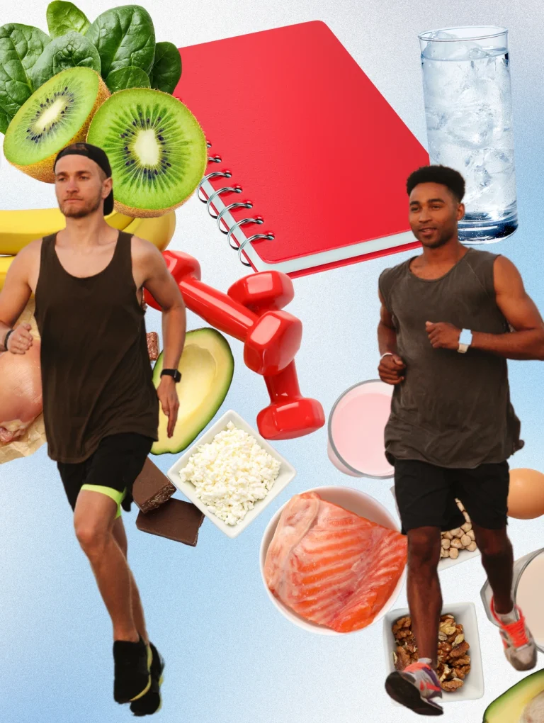 Collage sobre bienestar masculino con alimentos, ejercicio y rutinas saludables, ilustrando el perfil hormonal masculino en la vida diaria.